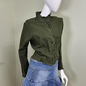 Miss Chievous Olive Green Linen - esque Frayed Button-Up Jacket – Size L